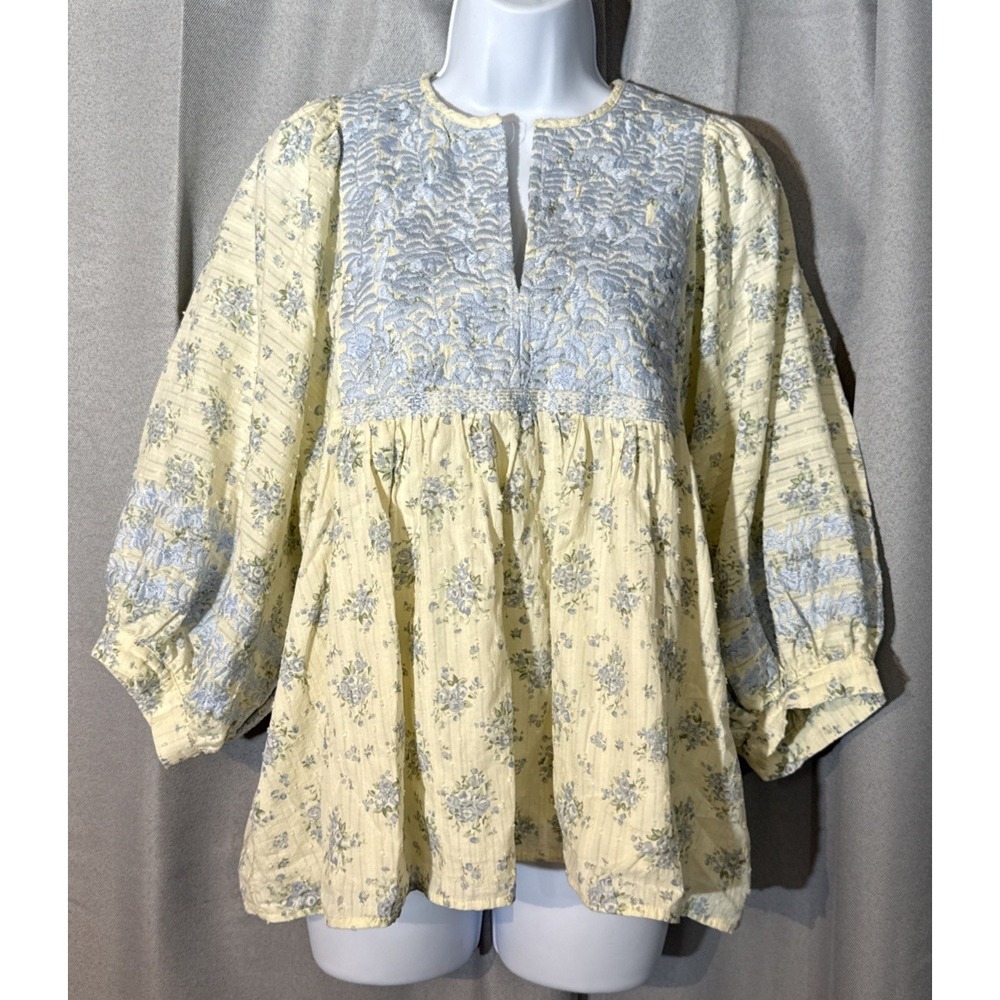 J Marie Embroidered Top Small S Yellow Blue Floral Peasant Blouse Yoke Slv Swing